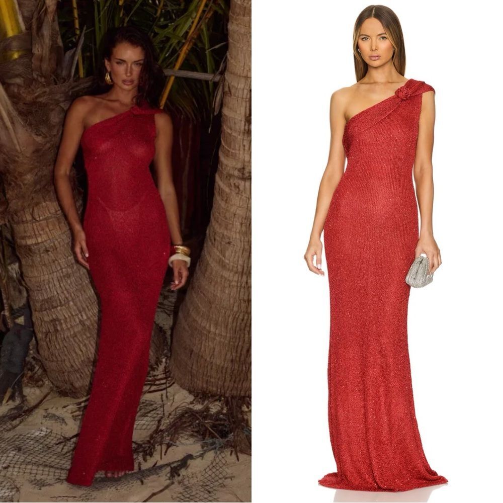 NWT Runaway the Label Maxi Red Metallic Knit One Shoulder Rosette Silvia M